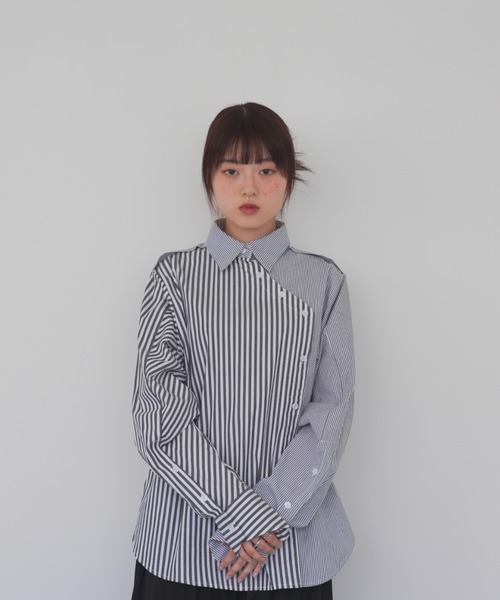 Uenui ブラウス シャツ アシンメトリー ストライプ オーバーシャツ