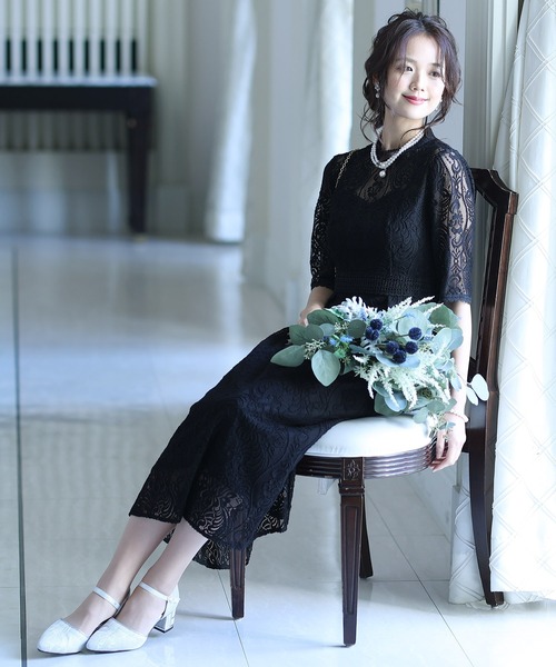 PourVous（プールヴー） ドレス 結婚式刺繍レース七分袖＆ロング大きい