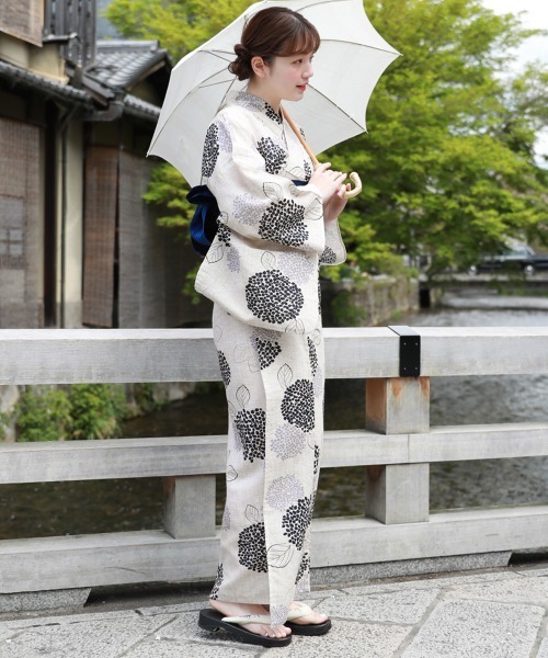和なでしこ 浴衣 変わり織り綿麻浴衣3点セット「生成り地にグレーと