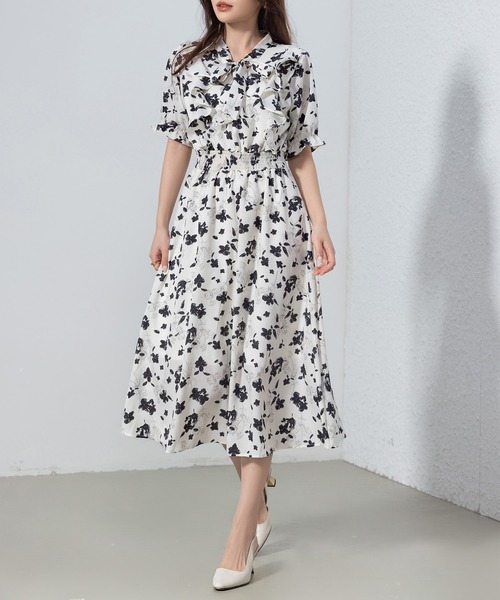 DAY CLOSET ワンピース レディース 小花柄ボウタイシフォンAライン