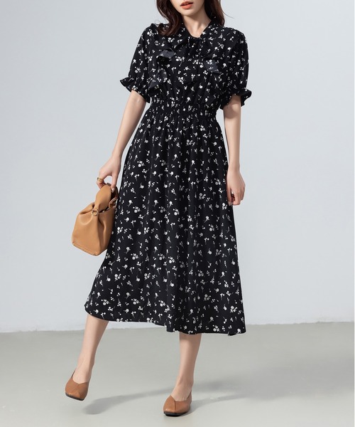 DAY CLOSET ワンピース レディース 小花柄ボウタイシフォンAライン