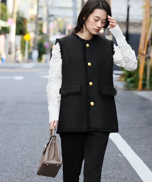 ELFRANK ベスト ジレ ツイードフリンジベスト レディース : ZOZOTOWN