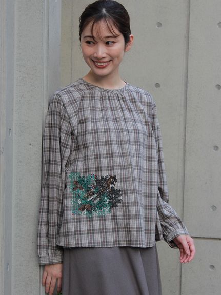 SUPER HAKKA×サクマ ユウコ 「森の家」モチーフ刺繍 先染めコットン麻