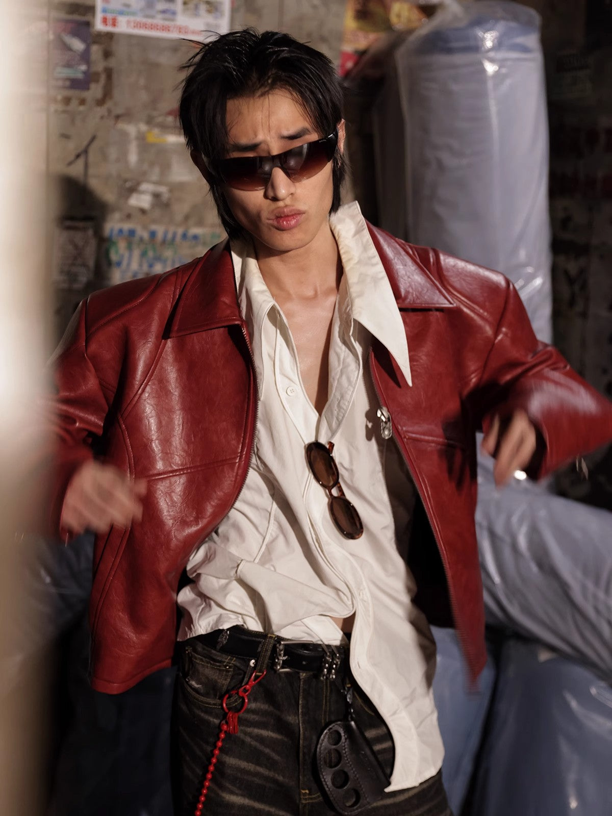 HAS2SONS red curved blade sleeve PU leather jacket 024