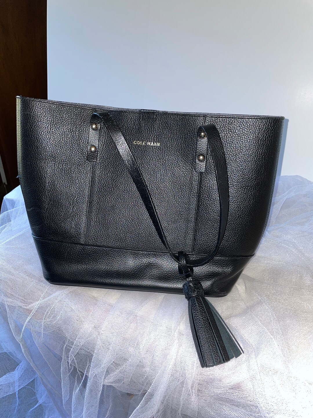 Vintage Cole Haan Black Tassle Tote, Small Shopper Bag, Black