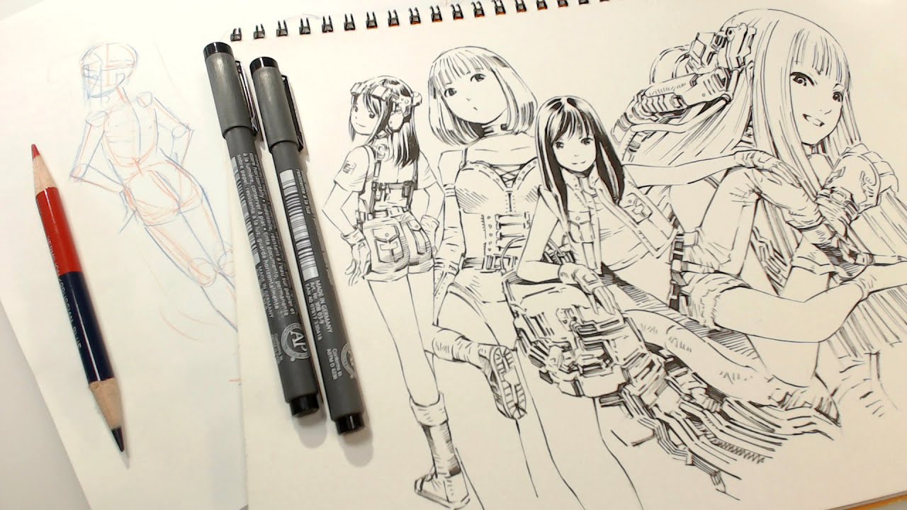 朱藍鉛筆とミリペンで気ままに練習ラクガキ（Practice drawing : real