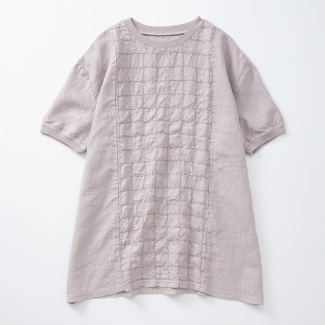 格子と丸紋刺繍の麻布Tシャツチュニック｜工芸・暮らし・贈りもの