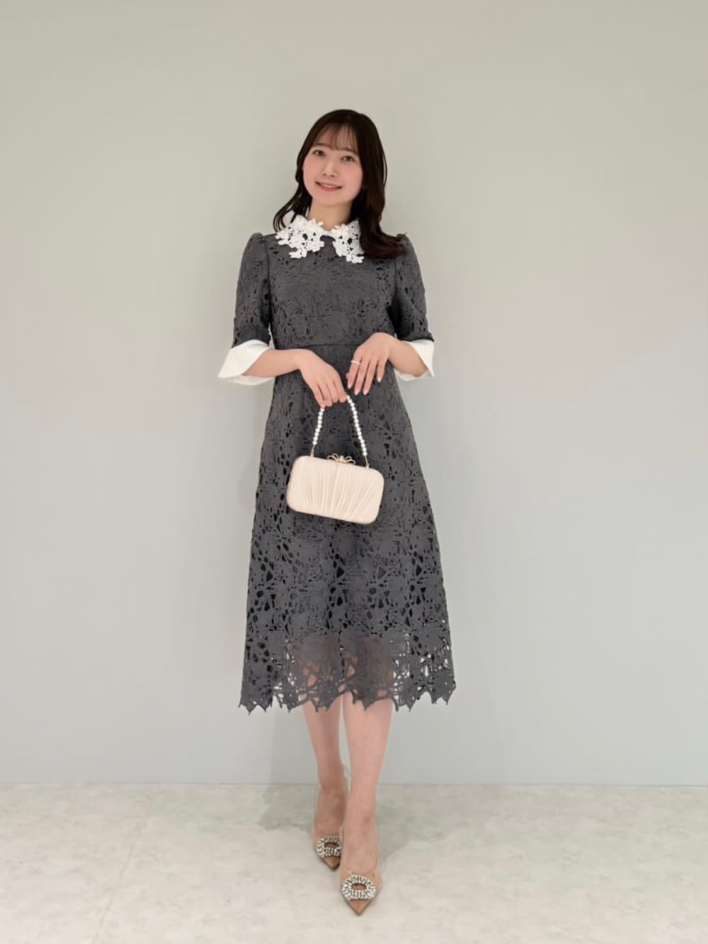LEJA】花柄レースカラースパンコール刺繍Aラインフレアドレス