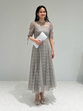 LEJA】チェック刺繍スパンコールチュール素材袖リボンパフスリーブ