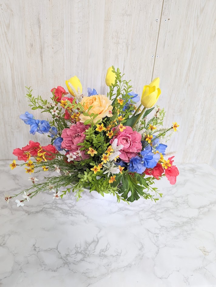春アレンジフラワー 造花アレンジ カラフルアレンジメント 触媒加工
