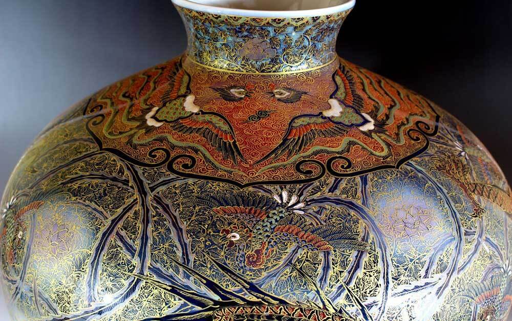 極上手・金襴手様式釉裏彩吉祥龍絵花瓶 陶芸作家 藤井錦彩 作 桐箱入り