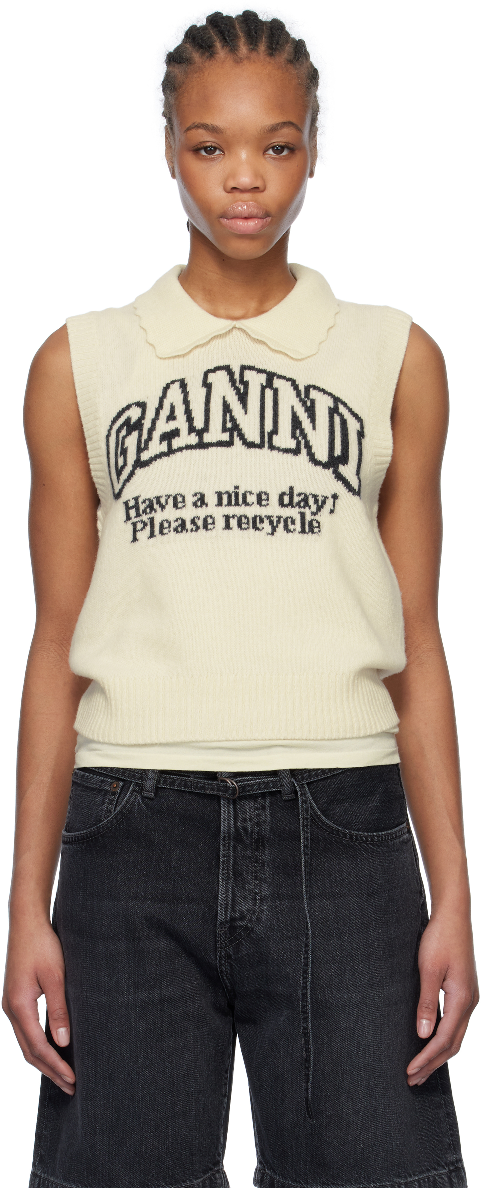 Off-White Graphic Wool Mix Collar Vest by GANNI on Sale
