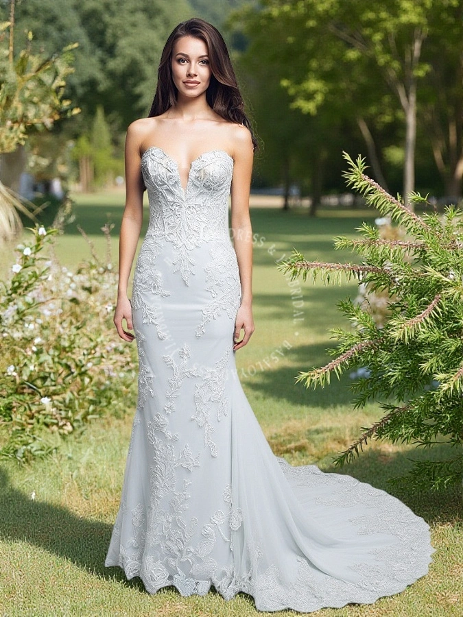 Wholesale Lace Bridal Strapless Sweetheart Neckline Beaded Gown