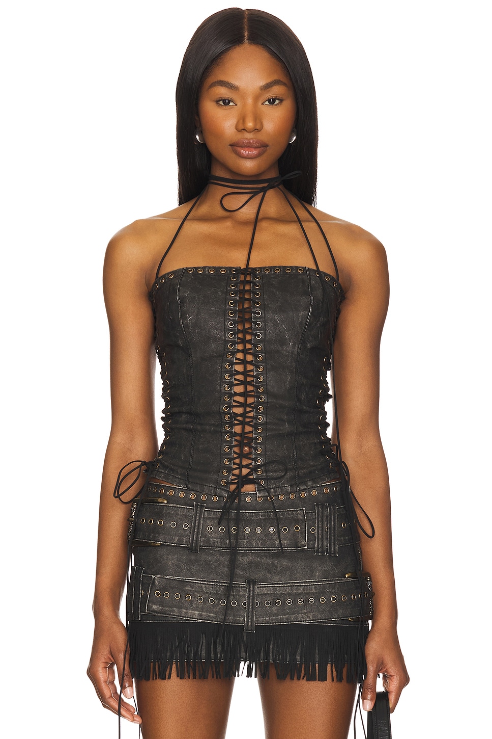 Jaded London ロングラインレースアップホルターコルセット - Black