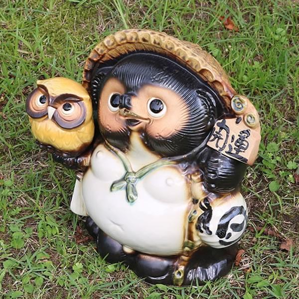 信楽焼 9号黄ふくろう持ち狸 たぬき ふくろう 狸 開運 縁起物 可愛い