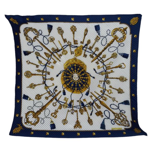 HERMES（エルメス） プリーツカレ90 LES CLES 鍵 スカーフ ホワイト