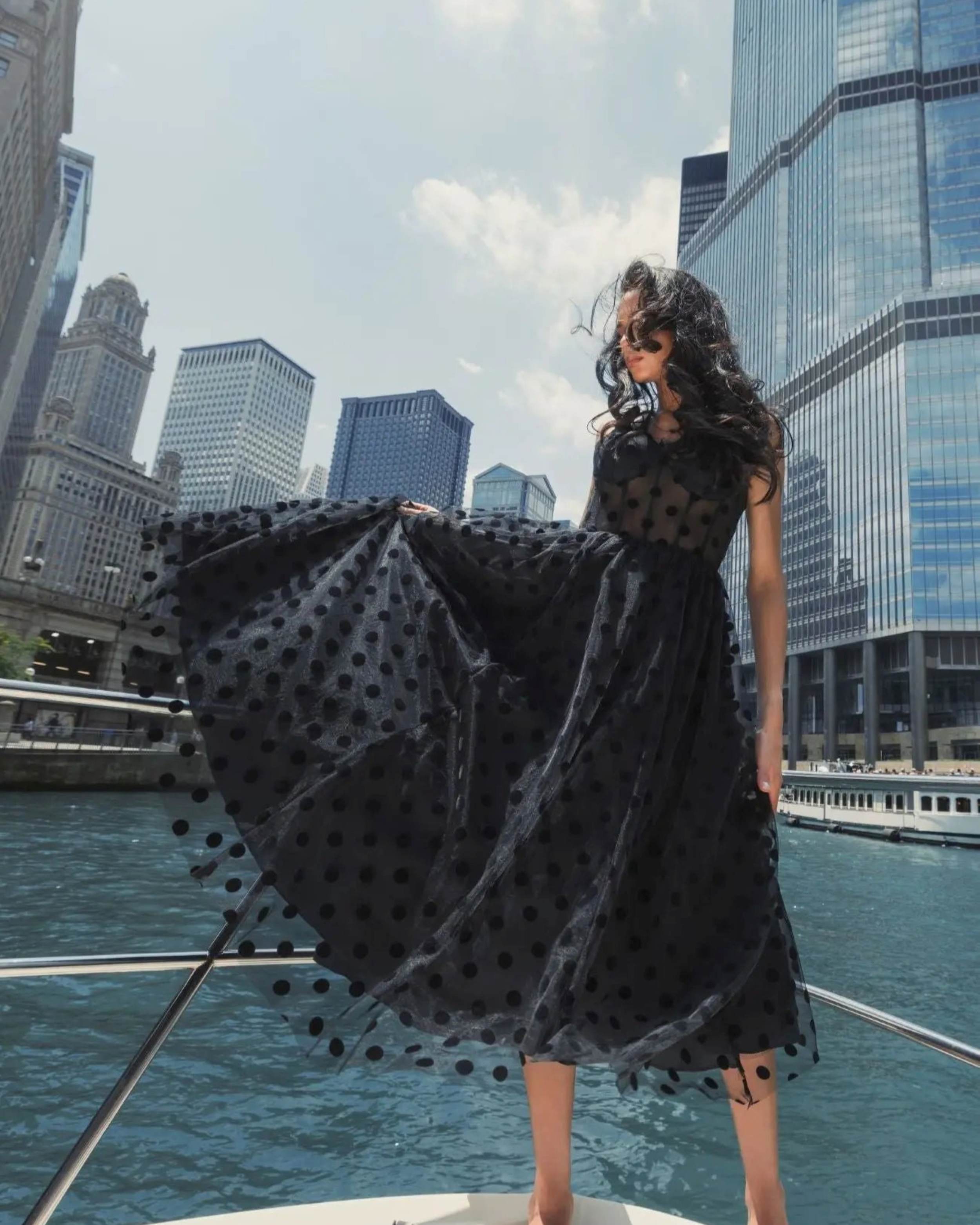 Black Polka Dot Tulle A-Line Midi Dress | Mac Duggal