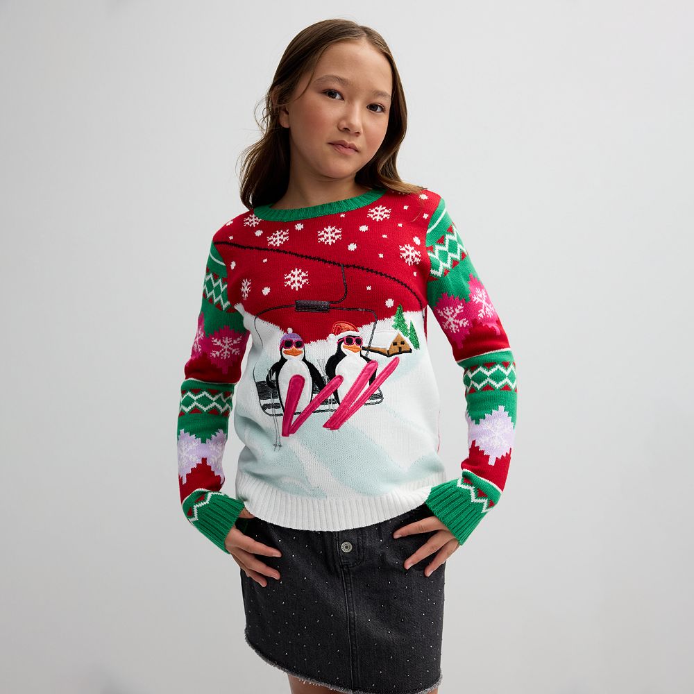 Girls 4-16 33 Degrees Long Sleeve Crew Neck Penguins On Ski Lift