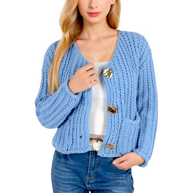 Women's Chunky Knit Cardigan with Statement Button Front and Deep