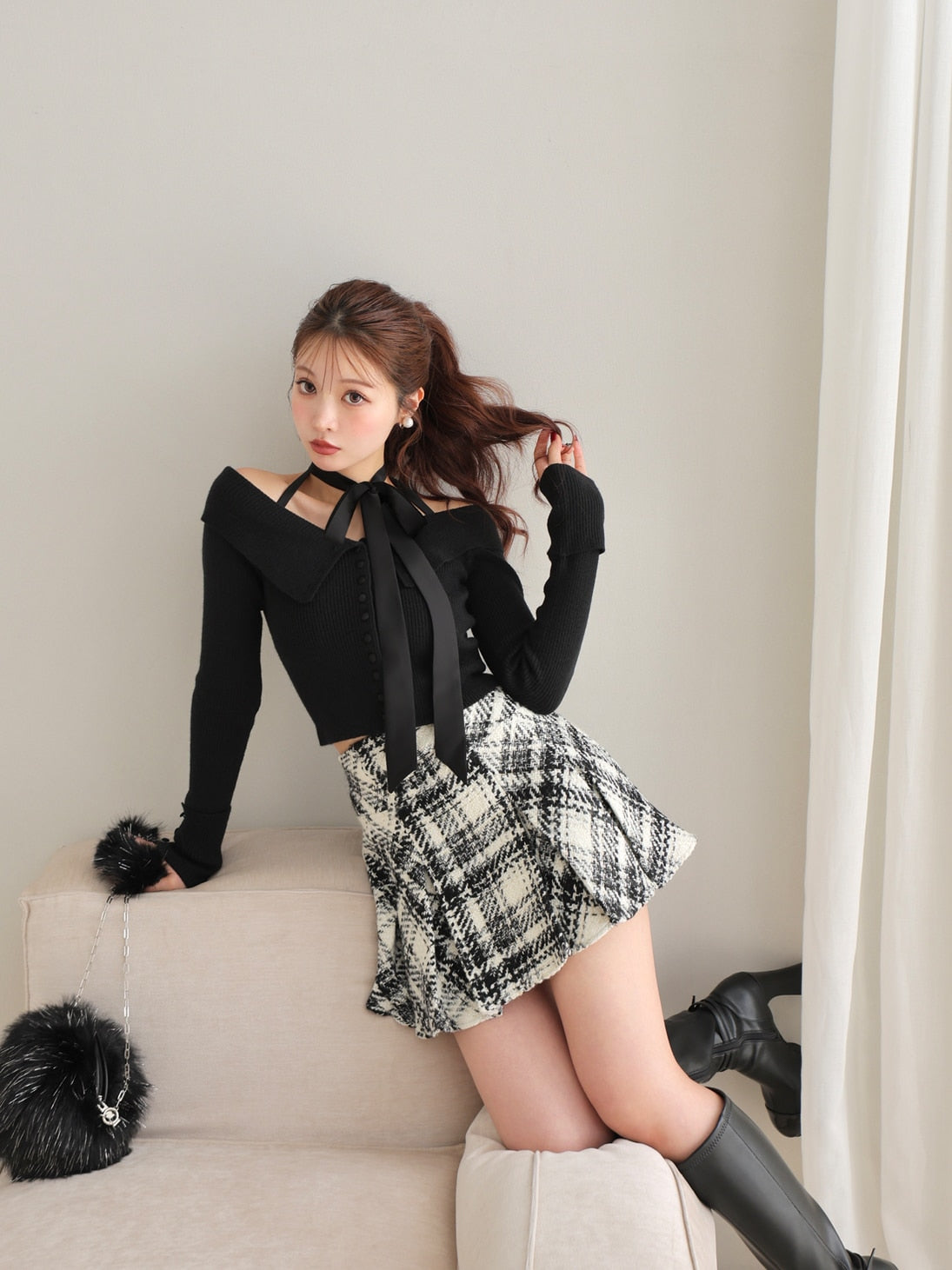 エムミーエメ Check box pleats skirt NAVY エムミーエメ Check box