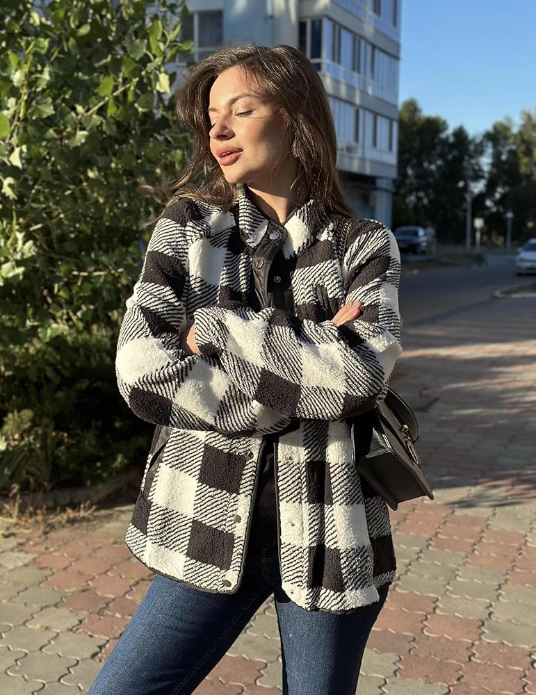 Amazon.com: Zeagoo Fleece Jackets for Women Plaid Snap Button Down