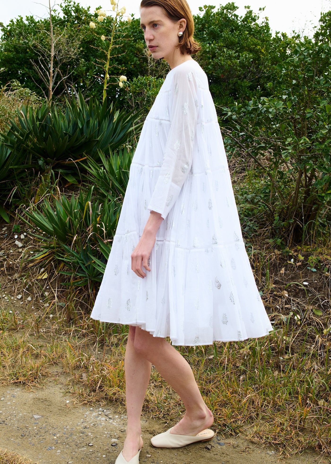 Cotton Voile Foil Flower Print Tiered Middle Length Dress | Pasand