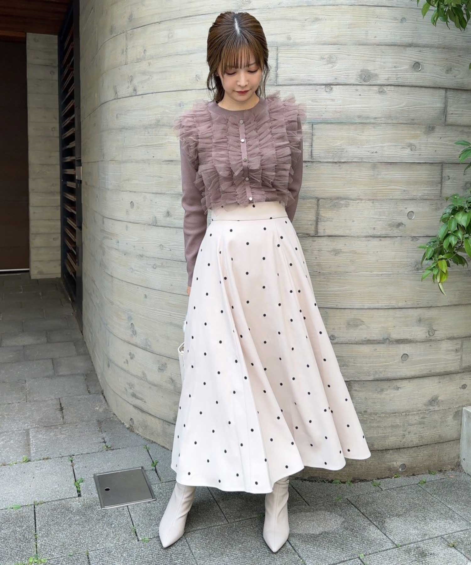 オブリ マーガレットドット刺繍 レース ホワイトフレアロングスカート