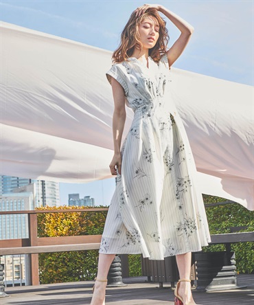 WEB限定カラーあり】スケッチフラワー柄シャツワンピース | ロング