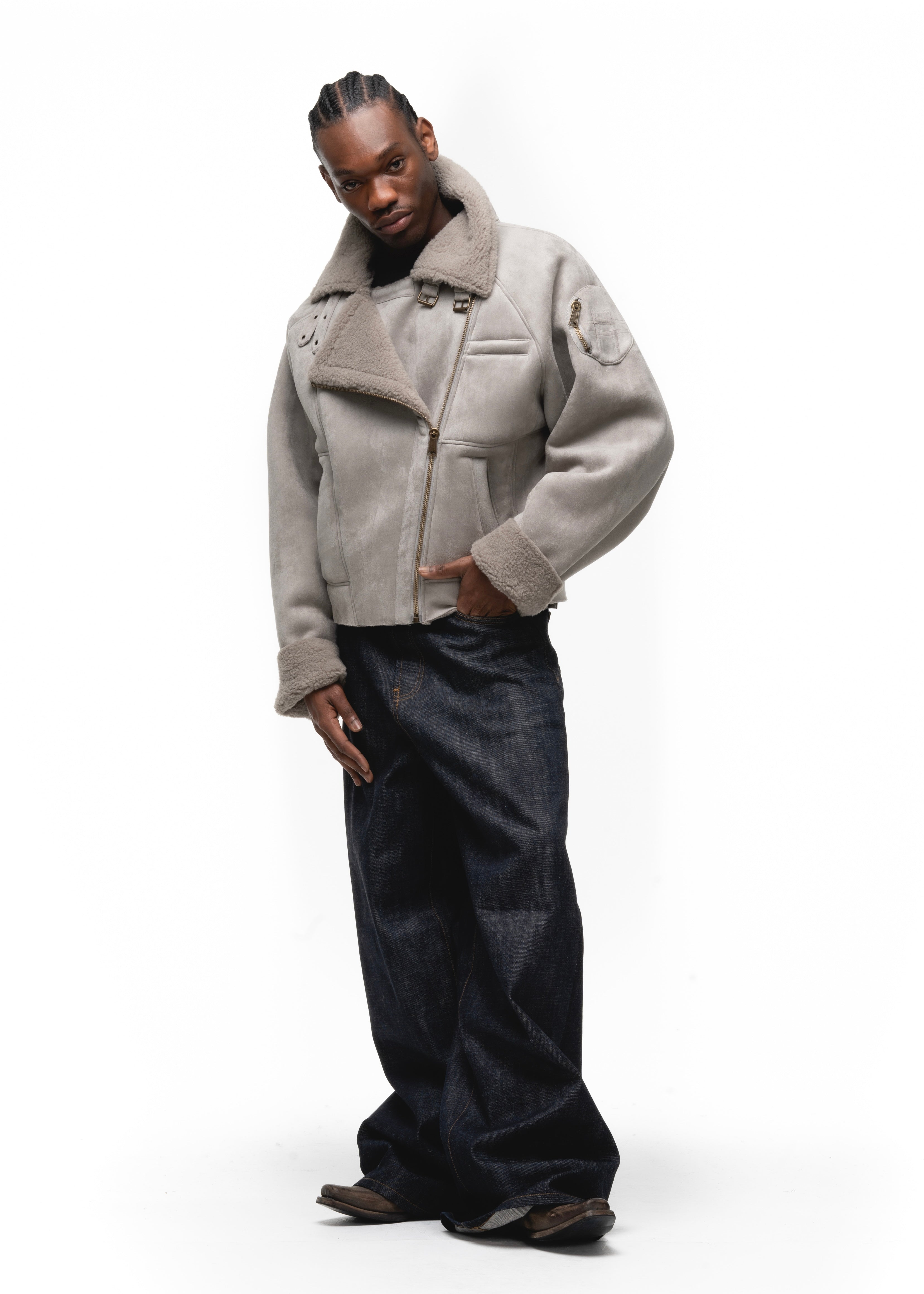 HEAVY FLIGHT SHEARLING JACKET GREY – NO/FAITH STUDIOS