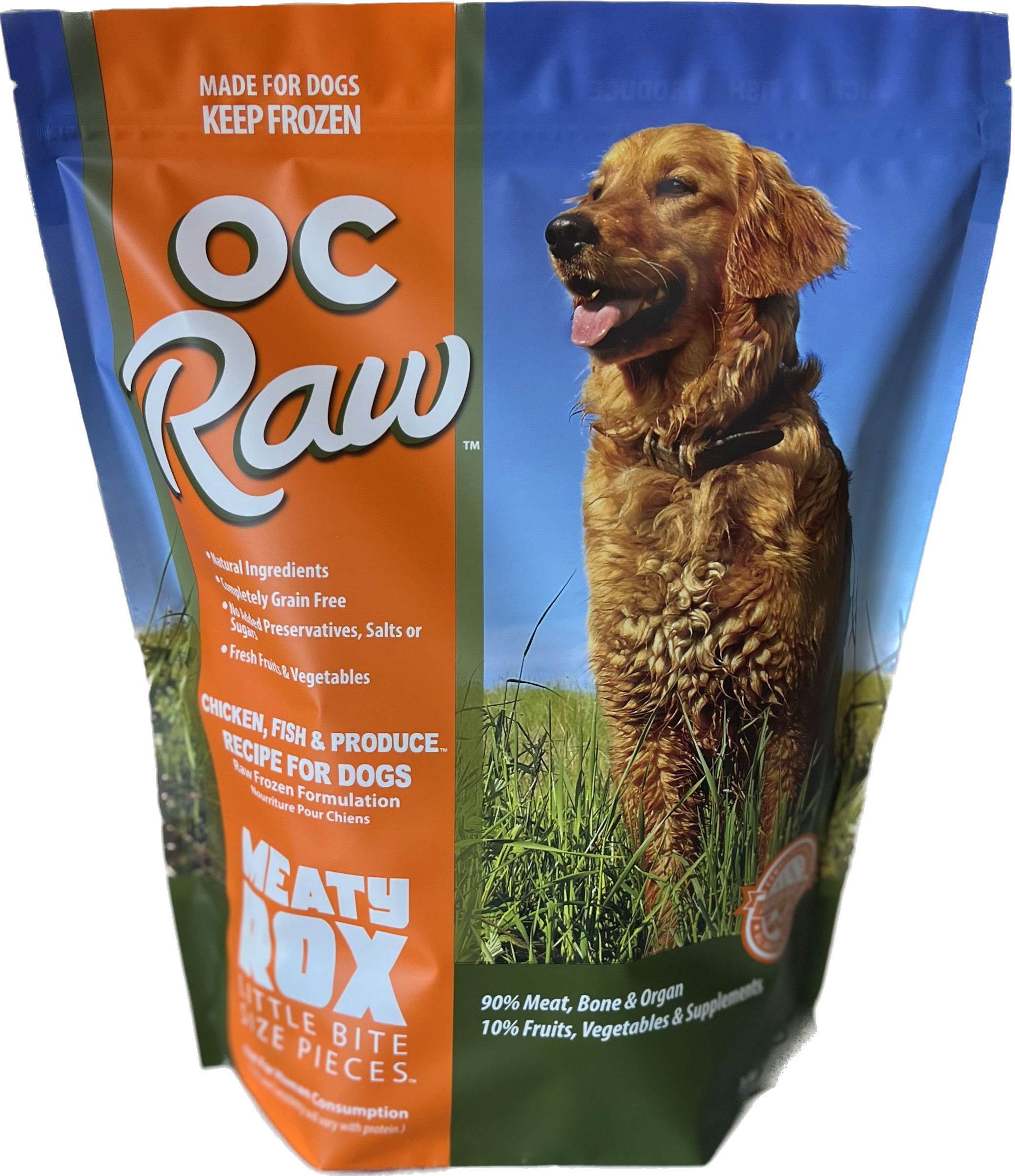CHICKEN, FISH & PRODUCE ~ 3# Meaty Rox – OC Raw Dog