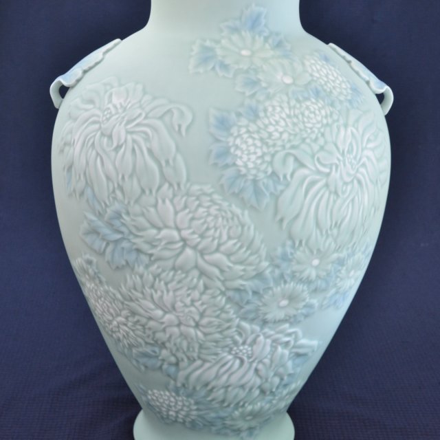 E30◇高麗青磁 花瓶 又玄窯 共箱 菊花紋様 高さ29cm 青磁