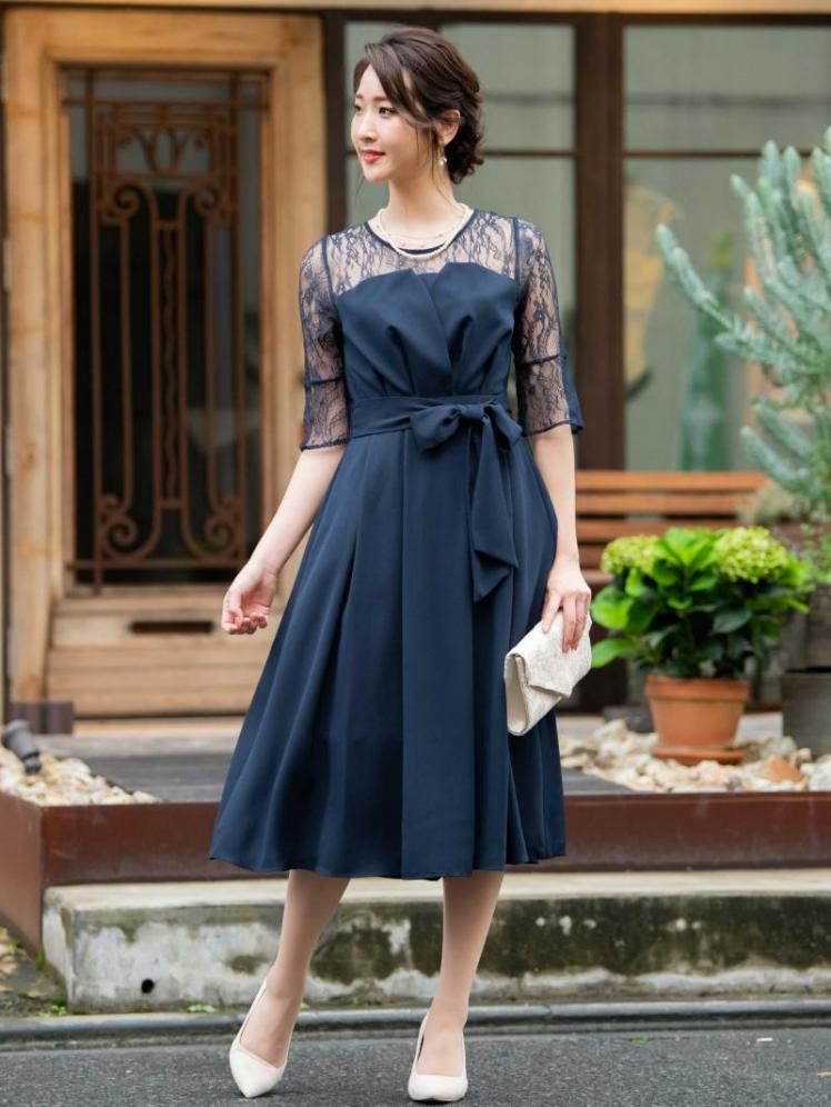 レース切替リボンドレス(ネイビー)SR1-308NA-L | OTONA DRESS