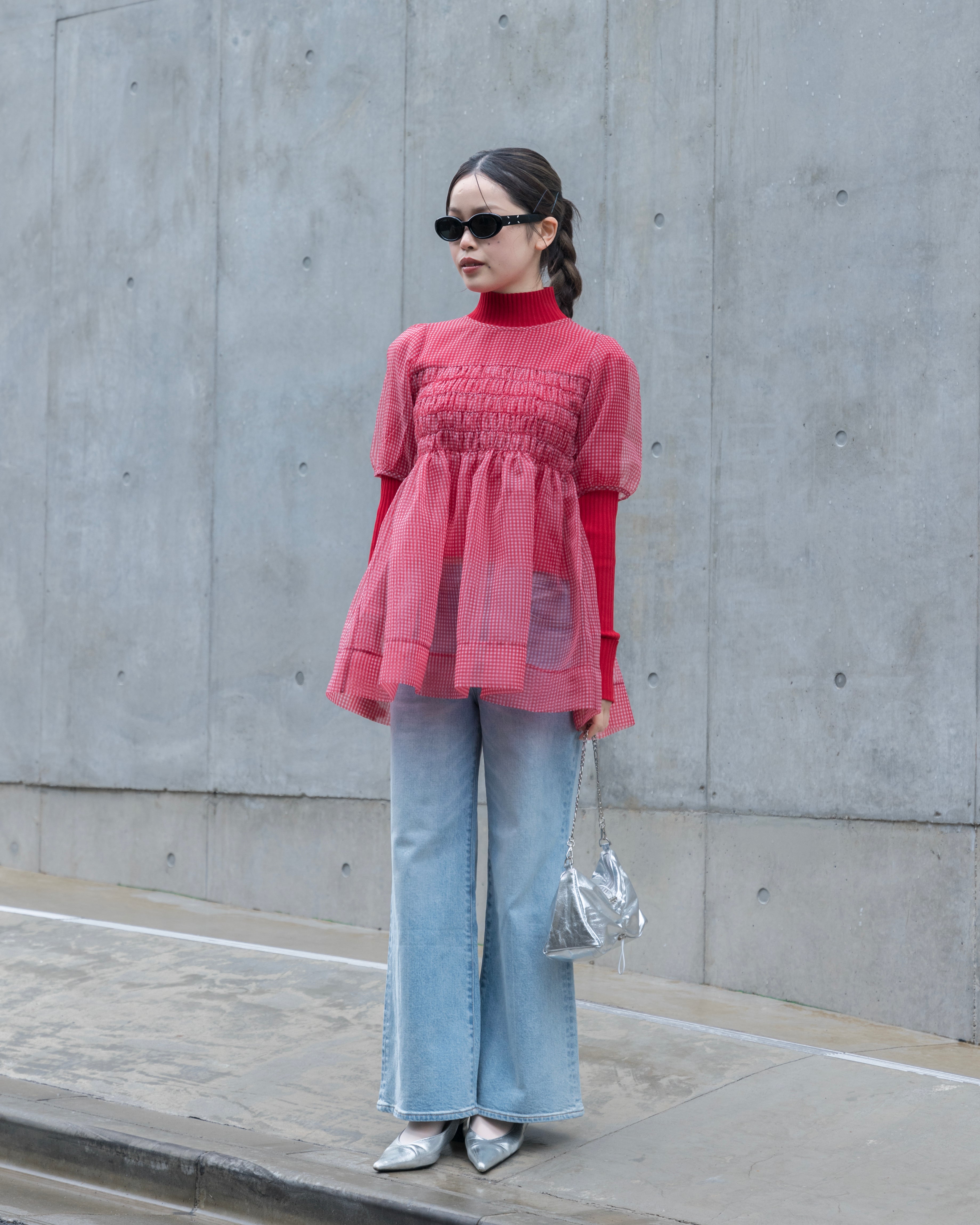 Gingham organza shirred tunic (red)