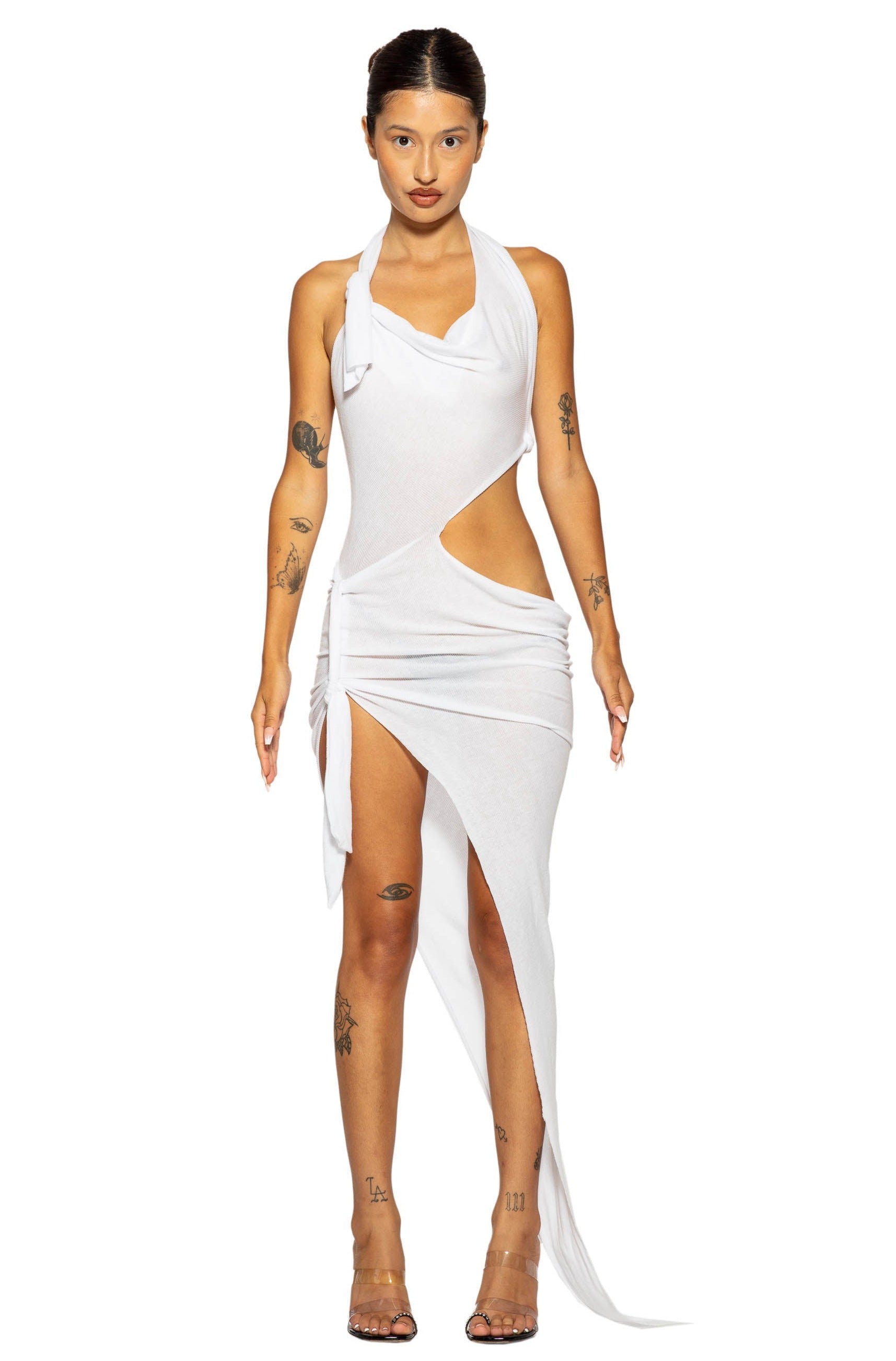 Sami Miro Vintage - Tied Up Asymmetric Cutout Dress in White Rib