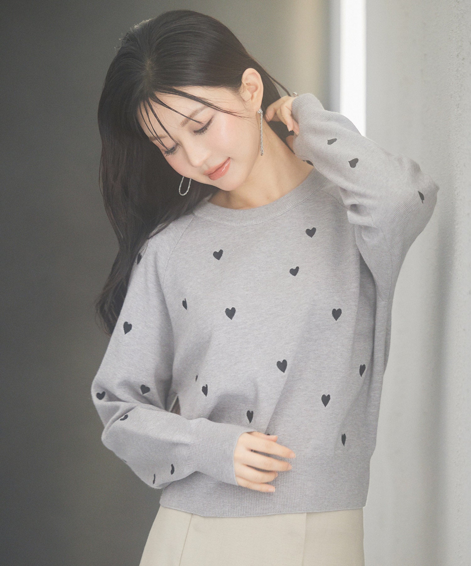 ハート刺繍ラグランスリーブニットプルオーバーsdpxyf3280 グレー