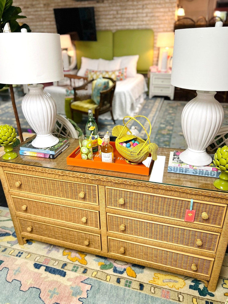 Vintage Henry Link Six Drawer Wicker Dresser with Glass Top Ready