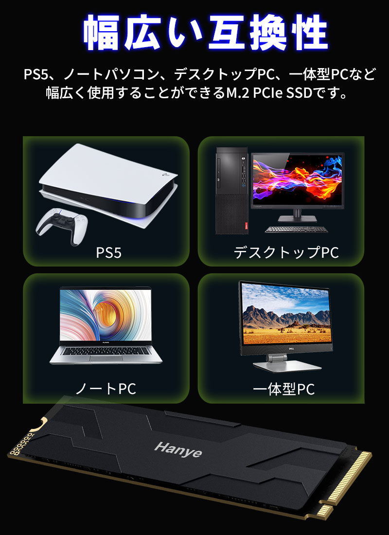 Hanye Hanye NVMe SSD 2TB 3D NAND TLC 薄型アルミ製ヒートシンク搭載