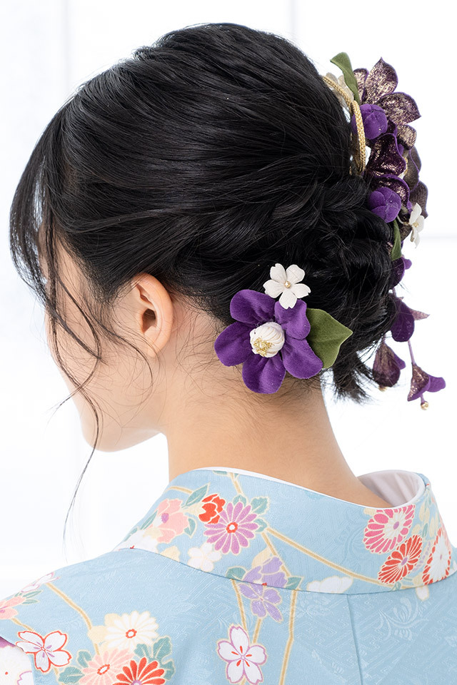 SOUBIEN（創美苑） 髪飾り 2点セット 紫 パープル 椿 蕾 べルベット 藤