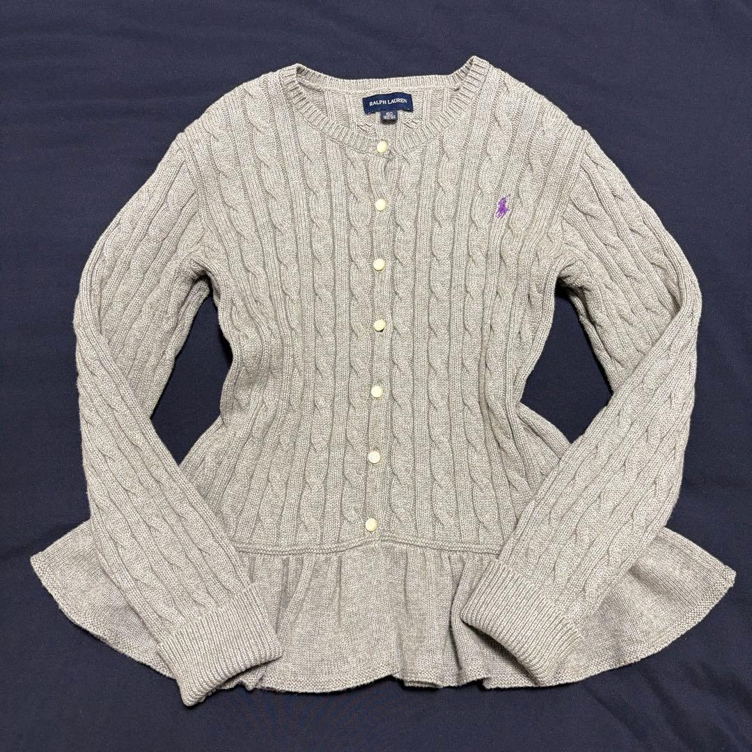 極美品　ラルフローレン　ぺプラム　ケーブルニットカーディガン　グレー　160 M ガールズ 7才～16才)ケーブルニット コットン ペプラム カーディガン