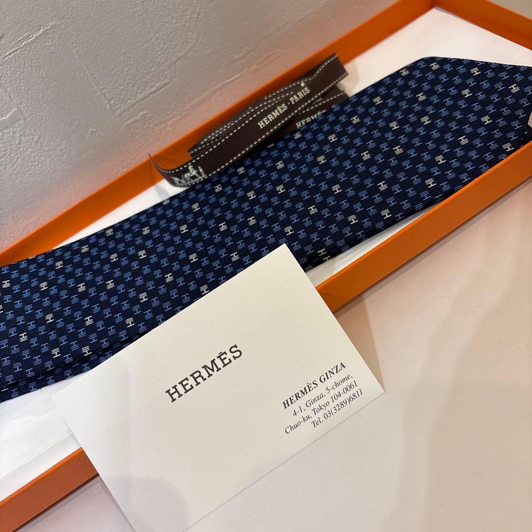 HERMES ネイビー Hロゴ ネクタイ HERMES（エルメス） 未使用品 ネクタイ レギュラータイ Hロゴ シルク