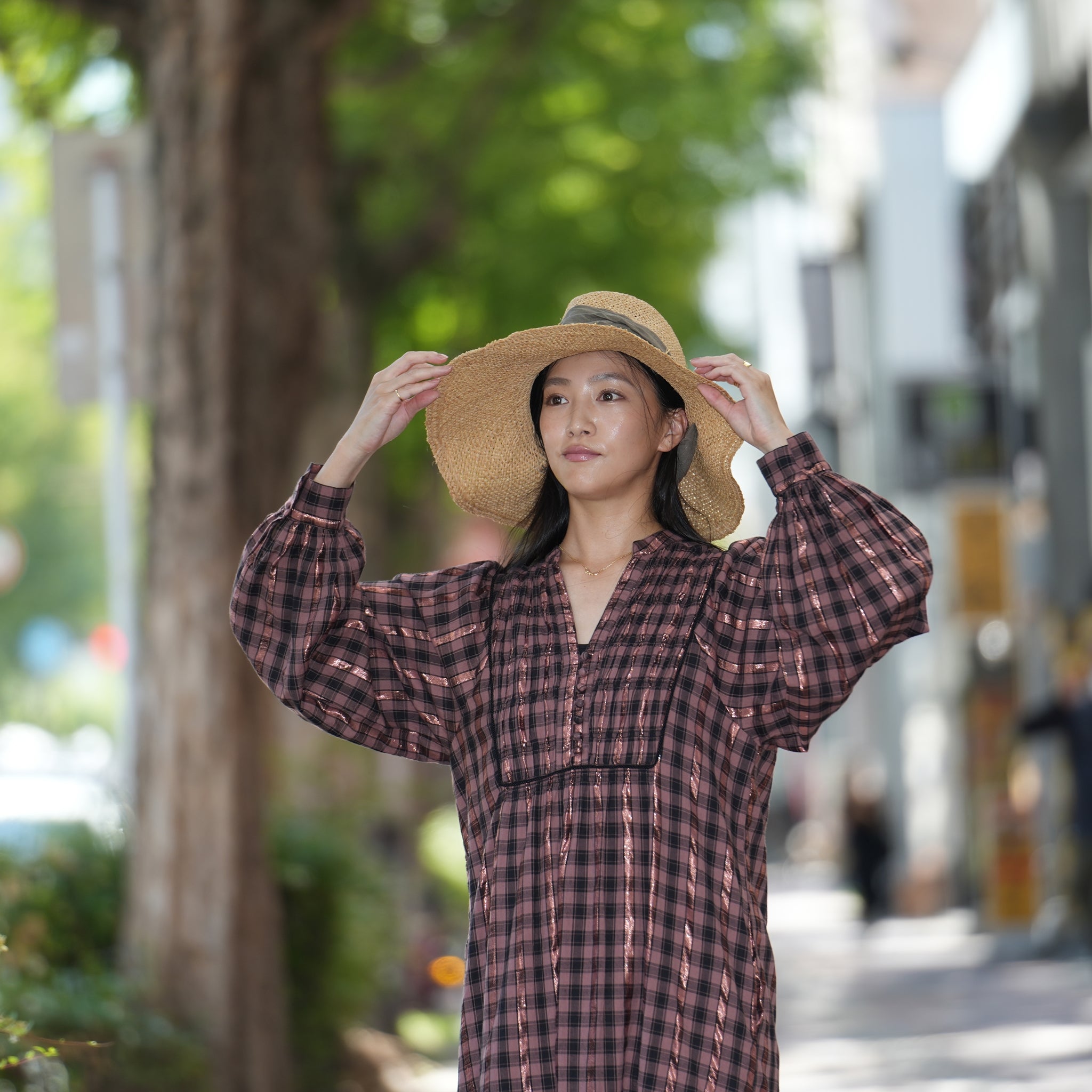 020442SR1 | COTTON CHECK SHIRRING LONG DRESS | Color:Brown