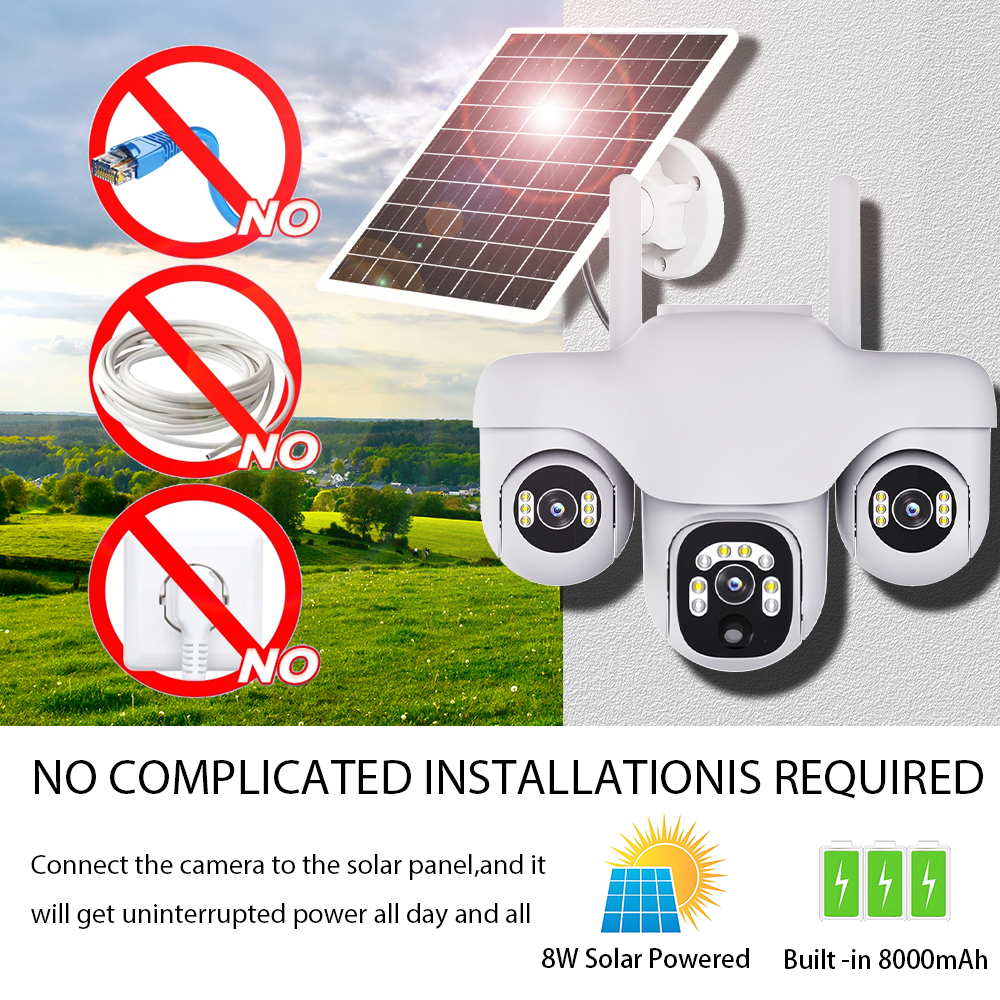 V380 ソーラー IP カメラ屋外ワイヤレス WiFi/4G 15MP 3 PTZ レンズ