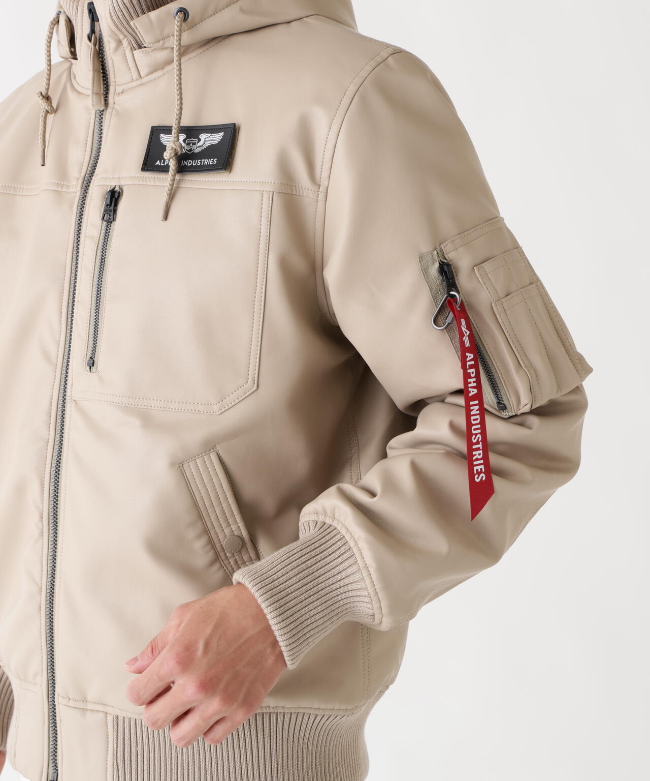 FAUX LEATHER HOODED RIB FLIGHT JACKET ｜アルファ インダストリーズ