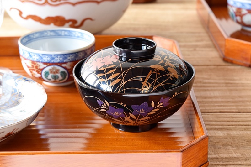 沈金蒔絵 木製漆塗吸物椀10客 時代物 お椀 汁椀 貝細工 芍薬 結び切り