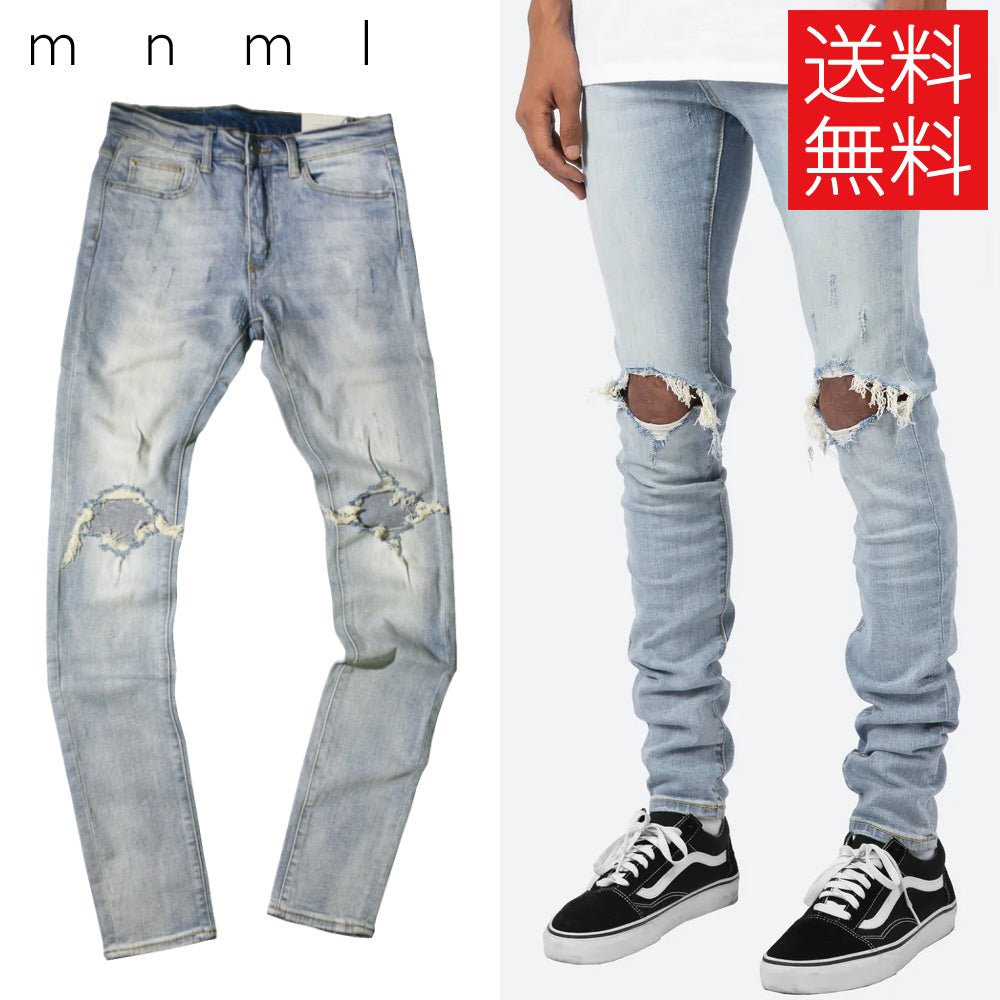 送料無料】mnml X1 クラッシュ ダメージ スキニー デニム パンツ