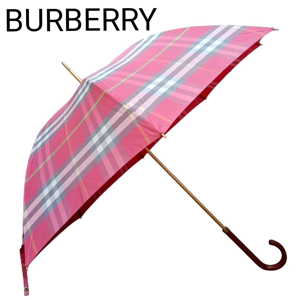 希少 BURBERRY バーバリー 雨傘 長傘 ノバチェック サーモンピンク