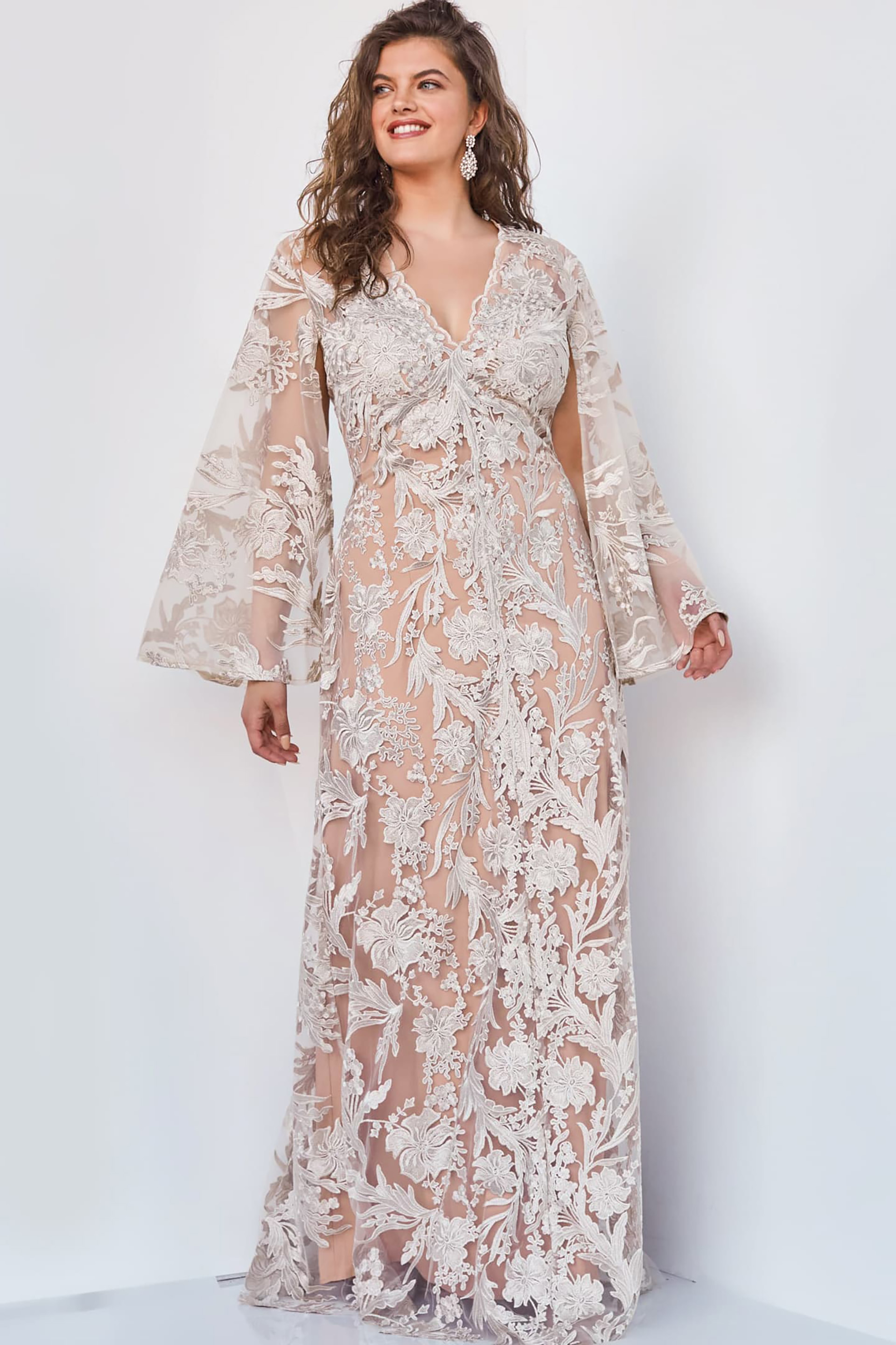 Jovani 00752 Champagne Lace V Neck Plus Size Dress | Jovani