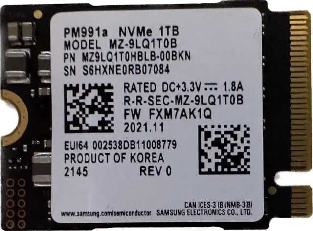 SAMSUNG 1TB SSD M.2 2230 30mm PM991a NVMe PCIe Gen3 x4