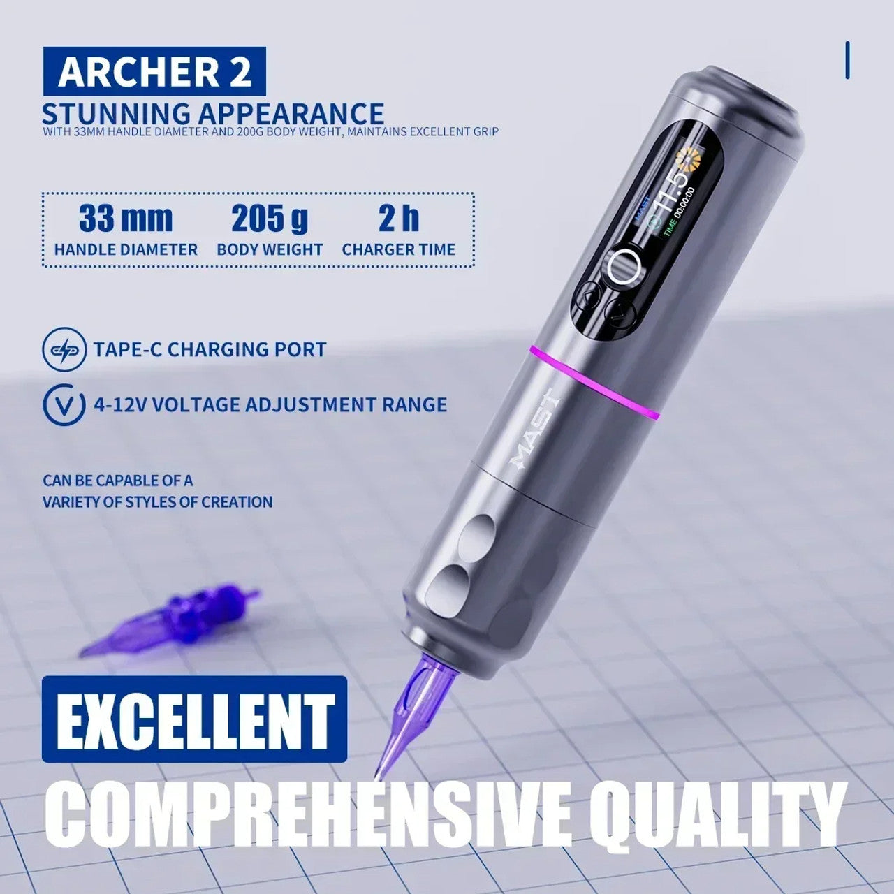 Dragonhawk Mast Archer 2 Wireless Tattoo Pen Machine with 3.5MM Stroke