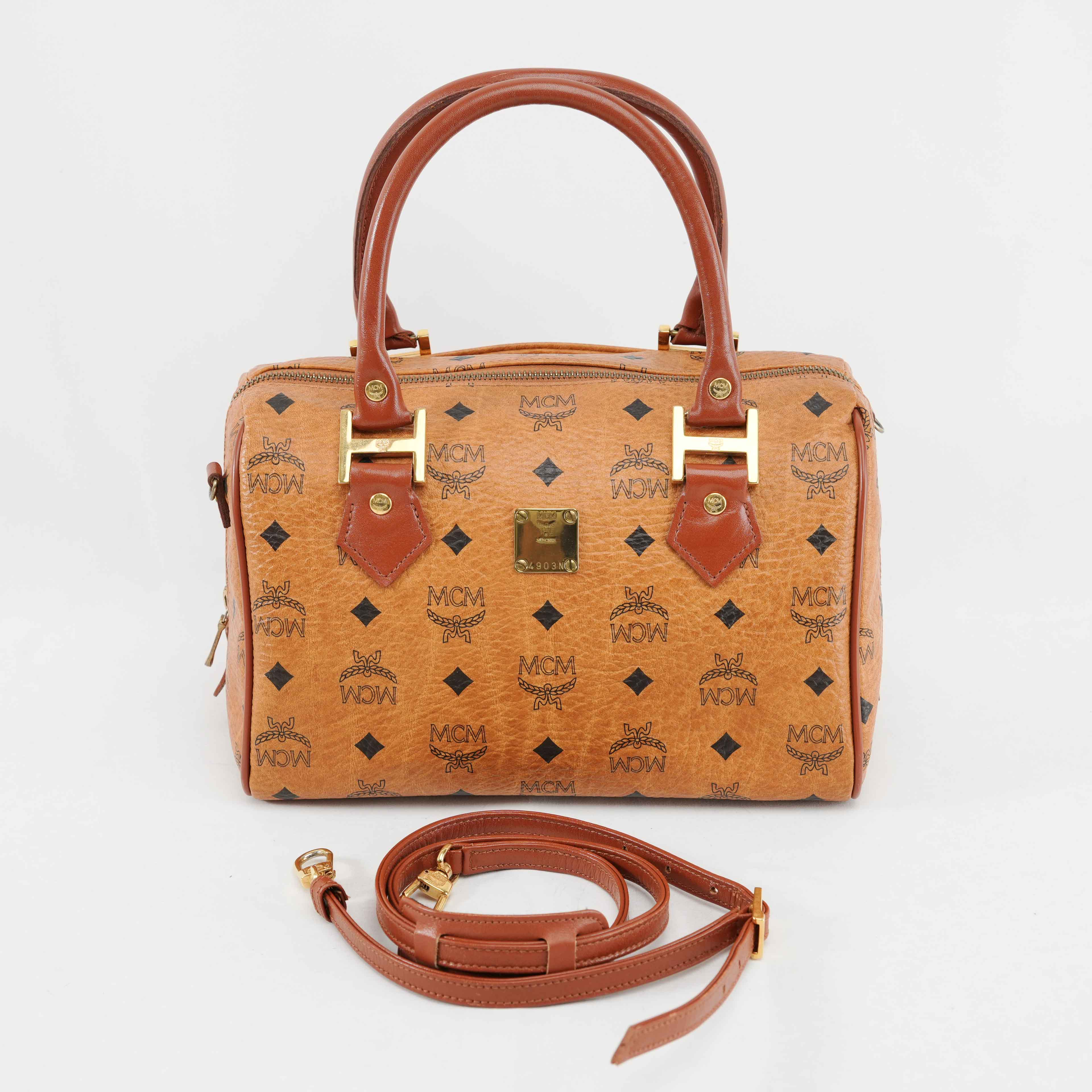 Authentic MCM Visetos Cognac Boston Satchel Bag with shoulder